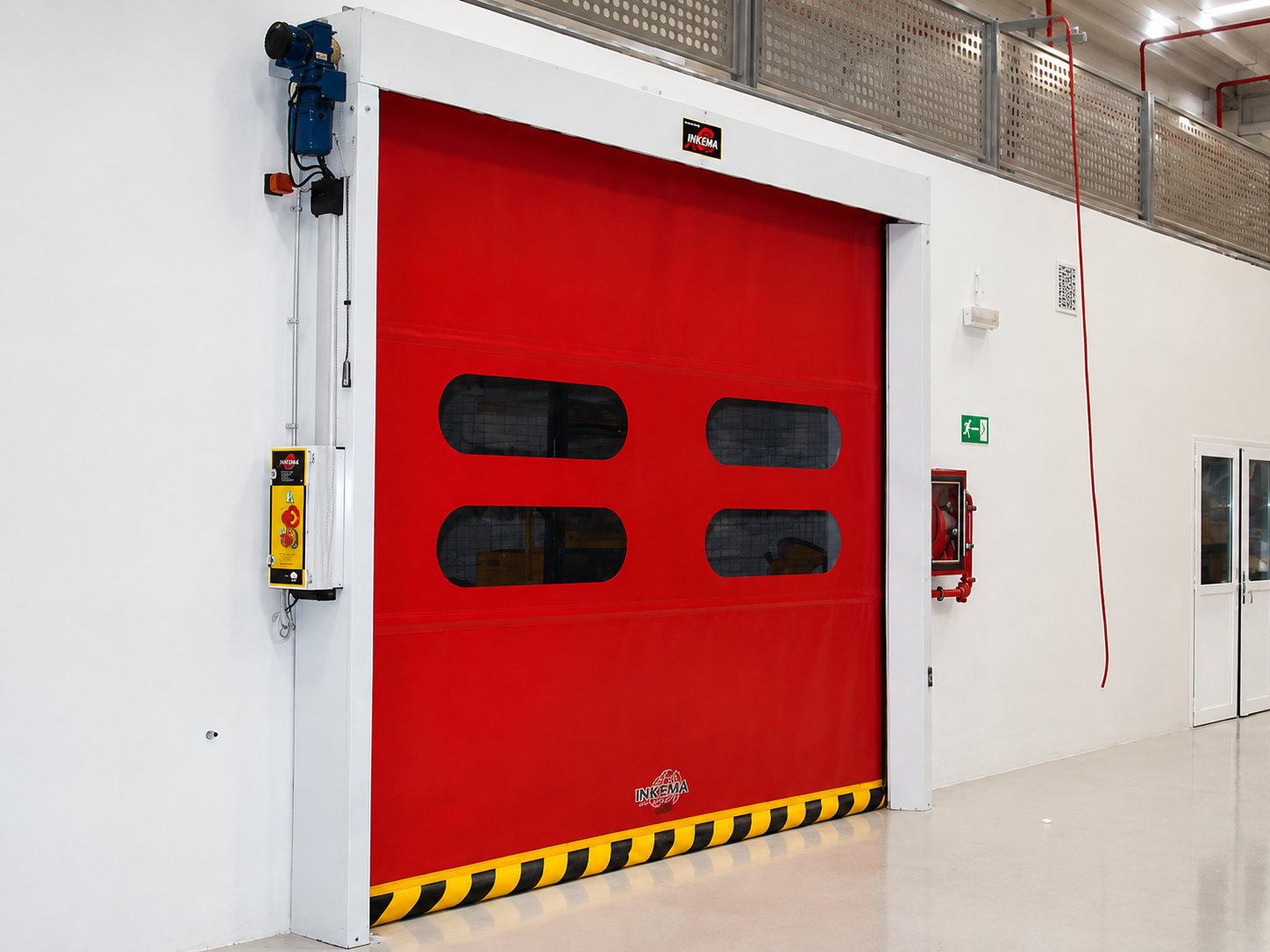 High-speed door installed at commercial entrance — front elevation view